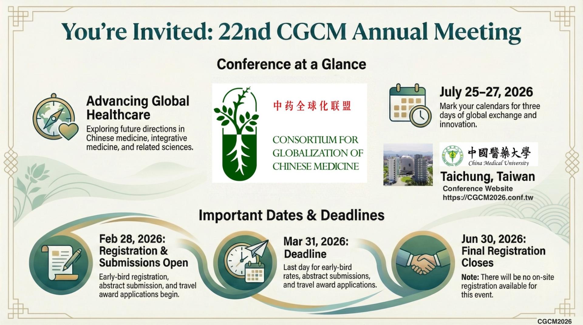 【轉知】第22屆中藥全球化聯盟（CGCM 2026）年會 | 中國醫藥大學 學士後中醫學系